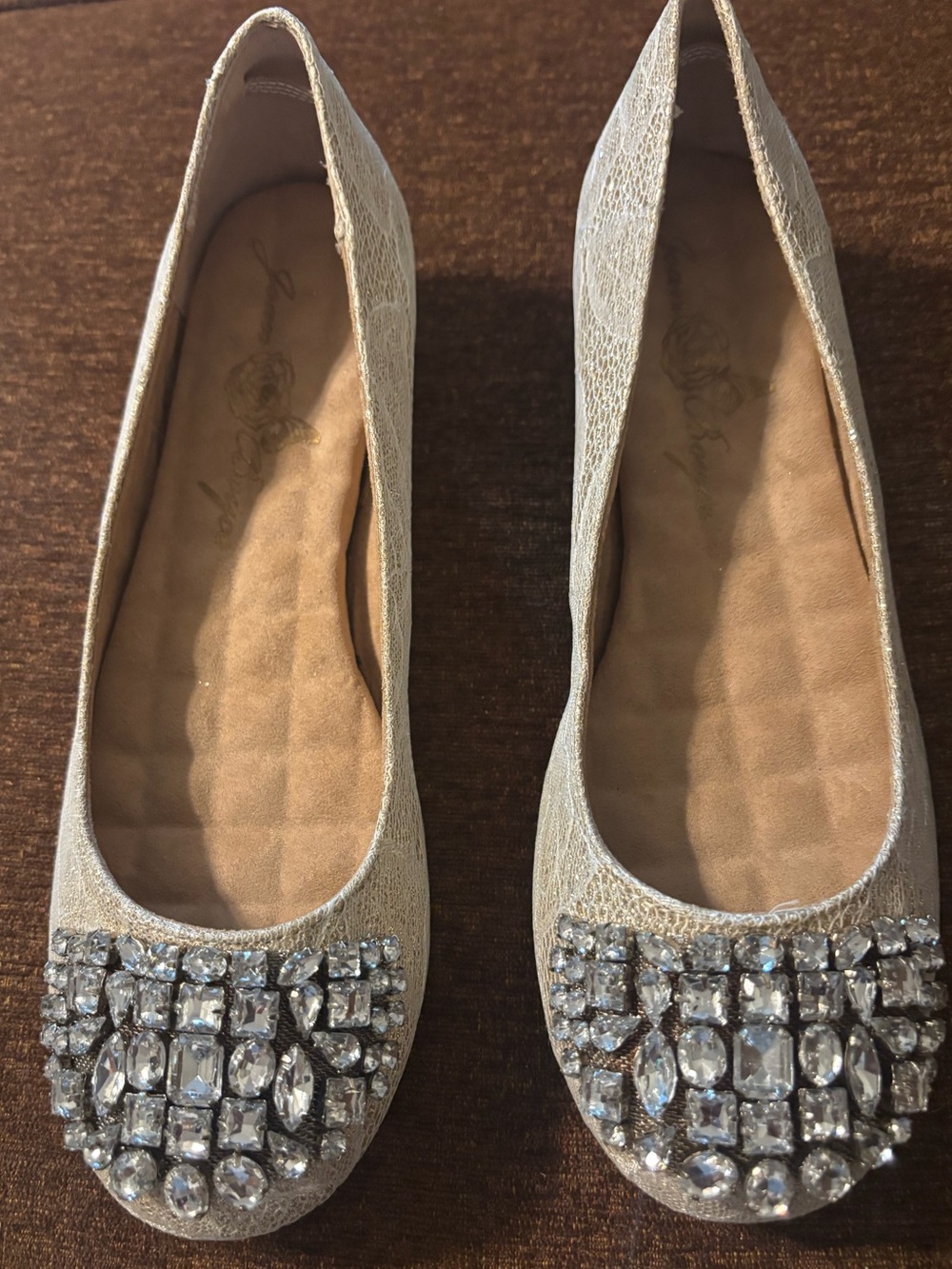 Joan Boyce Champagne Jeweled Ballet Flats with Crystal Embellishment